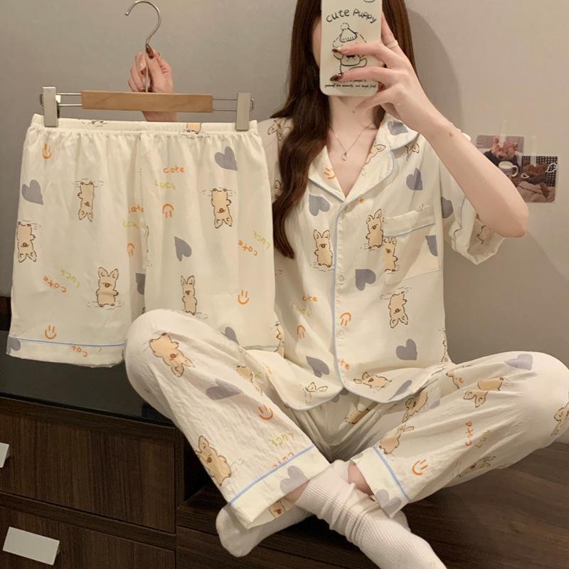 Girl Soft Cute Cartoon Piggy Summer Cloud Cotton Short-Sleeved Pajamas Women'S Love Three-Piece Set Loungewear
