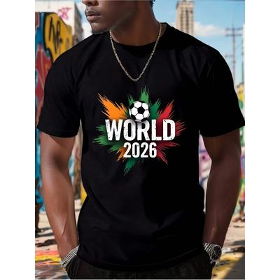 European Size Men's World 2026 Soccer Brush Strokes Print T Shirt Casual Short Sleeve Round Neck Summer Tee  Machine Washable