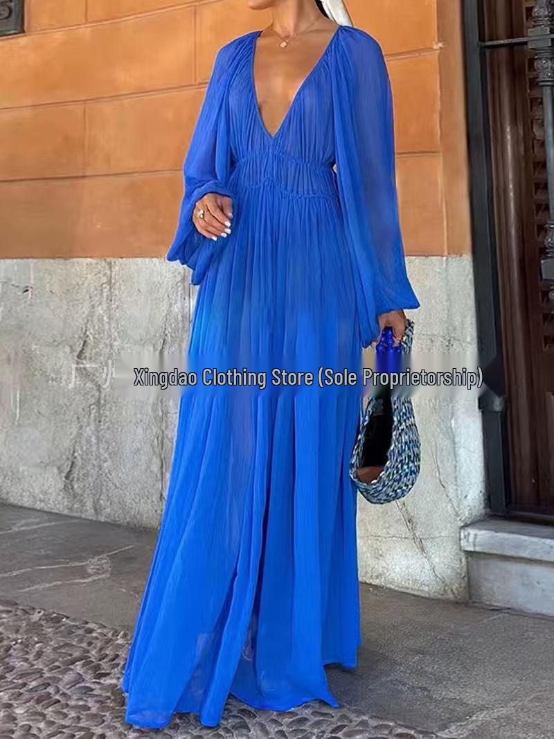 2026 V-Neck Plus Size Solid Long Sleeve Slimming Women s Dress S