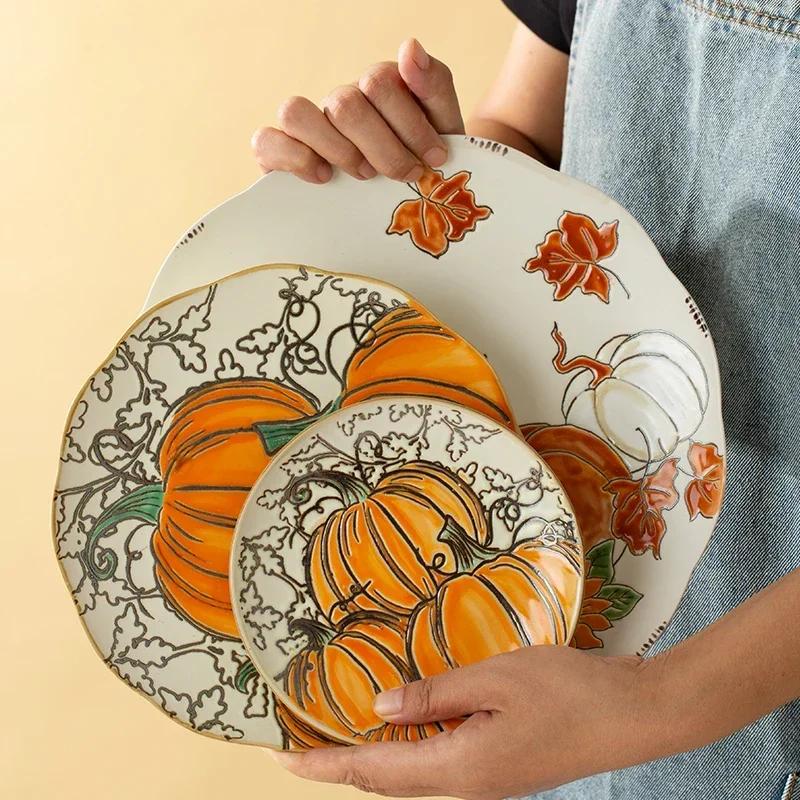 1pcs Nordic Ceramic Picnic Plate Hand-painted Pumpkin Dinner Plates Environmental Picnic Children Tableware Kitchen Supplies