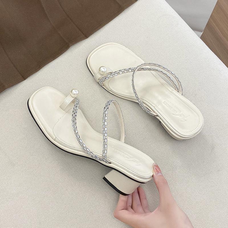 Thick heel set toe pearl cool slippers women wear summer new rhinestone mid-heel toe sandals