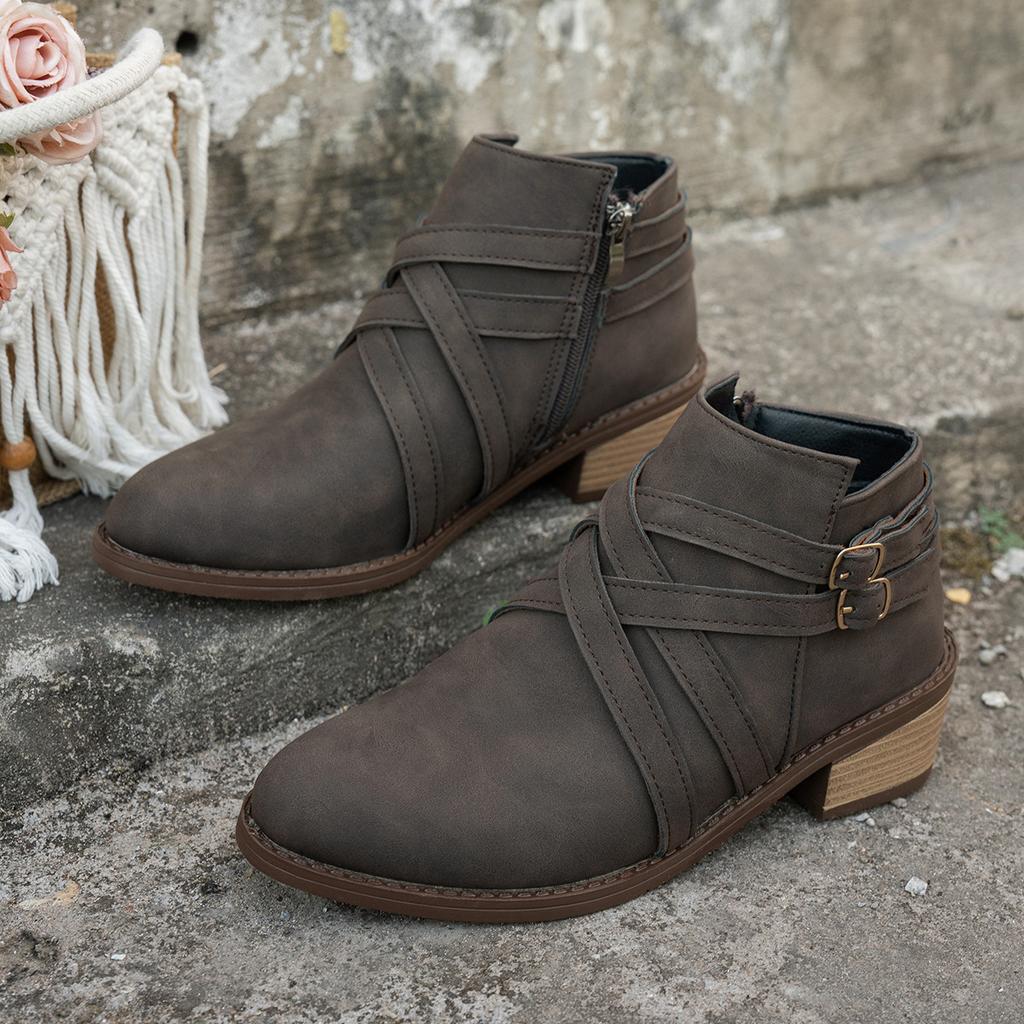 Pointed Toe Woven Martin Boots Women's Winter 2025 New Thick Heel Vintage Side Zipper Plus Size Booties