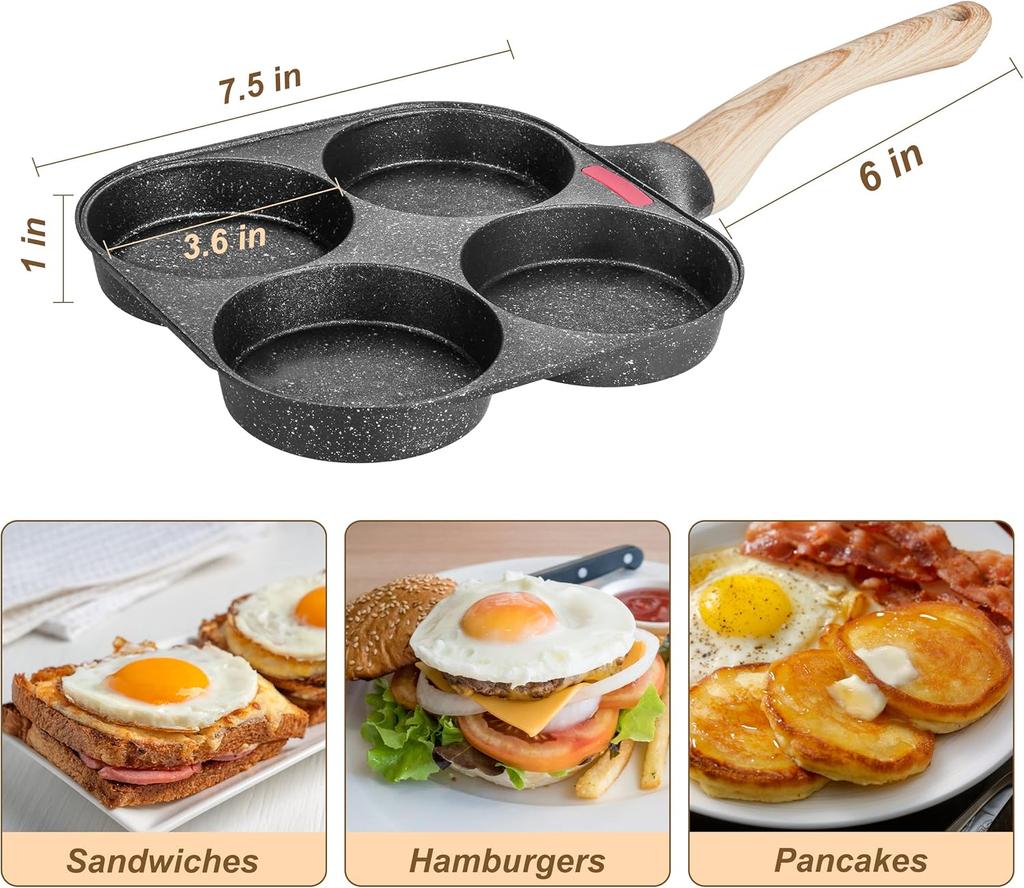 Egg Frying Pan, 4-Cup Egg Pan Nonstick, Fried Egg Pan Skillet for Breakfast, Pancake, Hamburger, Sandwiches, Suitable