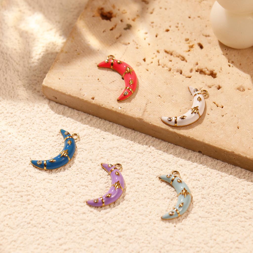 1 Piece 304 Stainless Steel Galaxy Charms 18K Gold Plated Enamel Half Moon Star Micro Pave Clear Cubic Zirconia DIY Necklace