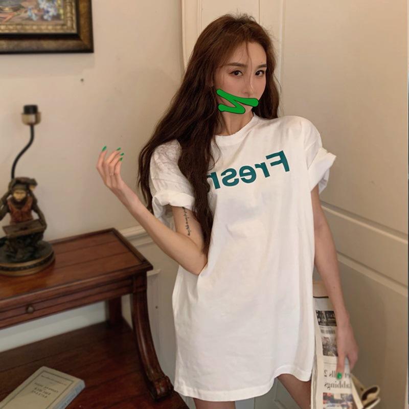 

Корейская женская летняя свободная футболка с коротким рукавом и буквенным принтом, повседневная футболка с круглым вырезом XXL белый