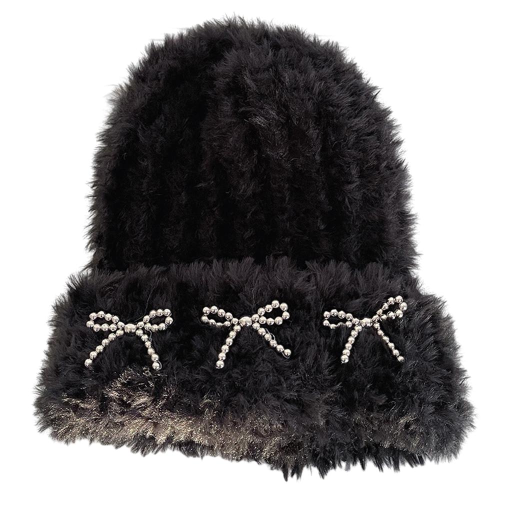 Girls Slouchy Beanie with Metal Bowknot Decals Winter Student Outdoor Cycling Skiing Climbing Hat Cold Weather Hat
