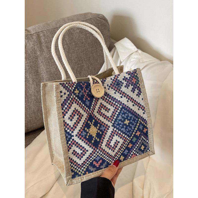 Ethnic Canvas Bag for Women In Summer New Fashion Style for Going Out with Linen Lunch Box Bento Bag Hand-held Mommy Bag