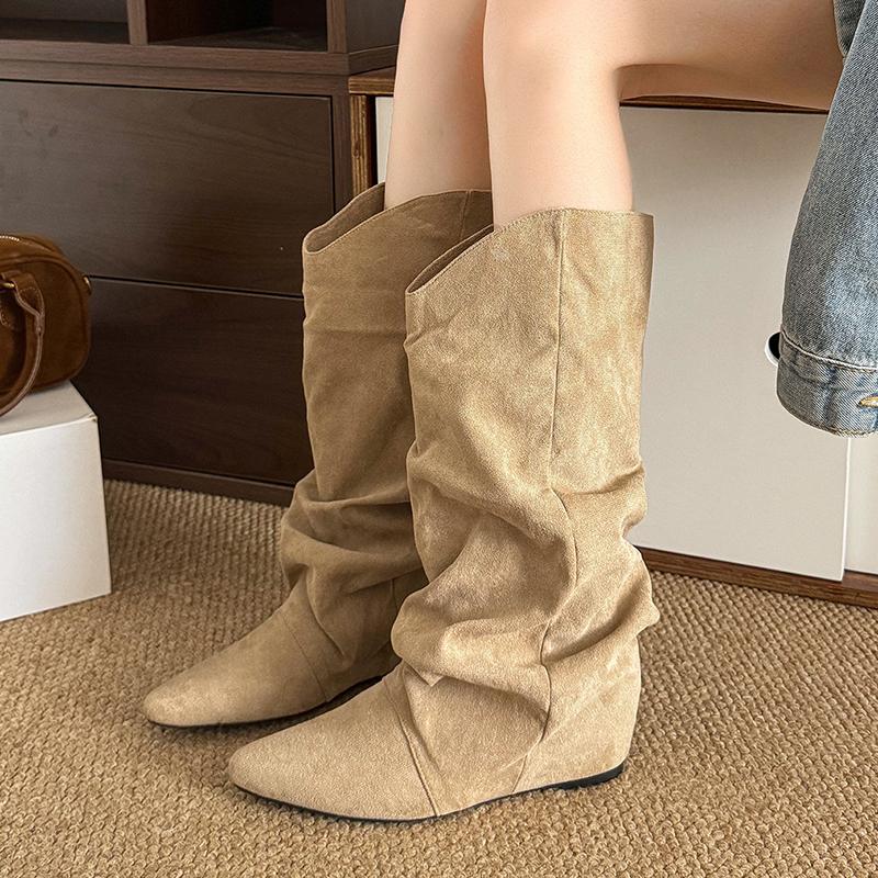 Fashion Khaki Faux Suede Mid Calf Boots for Women 2025 Fashion Pointed Toe Pleated Western Boots Woman Slip On Autumn Winter Booties