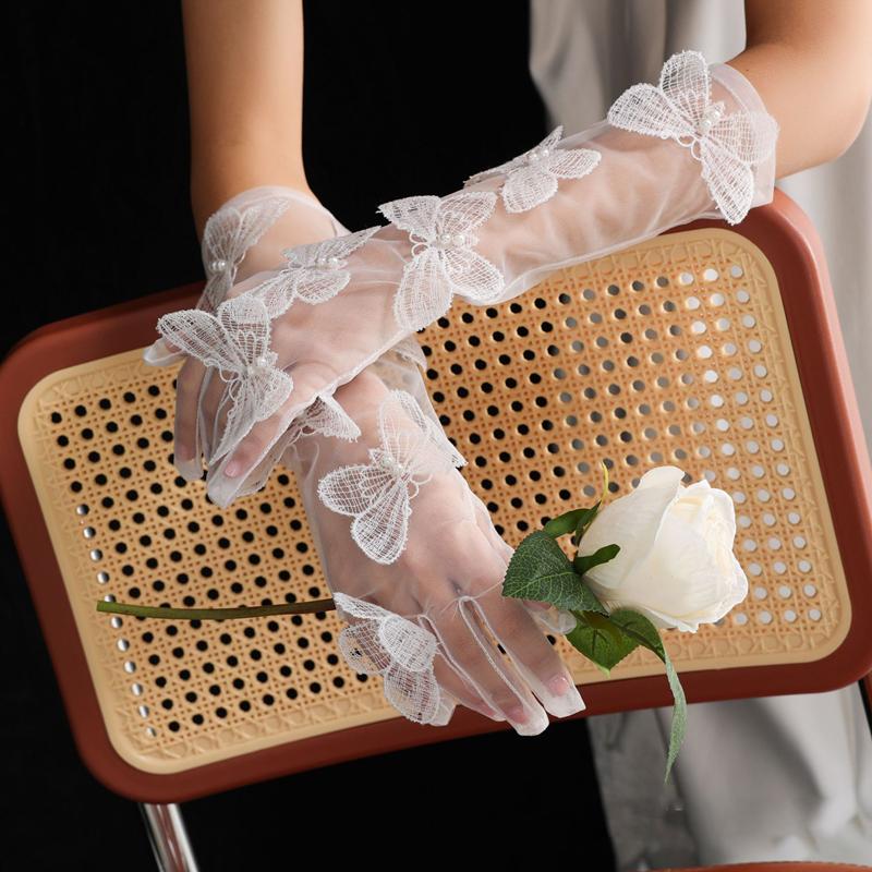 Gants Longs en Dentelle Papillon en Maille Blanche Accessoires Robe de Mariée Mariée Élégants Fins Transparents Décoration de Fête Gants Coudes