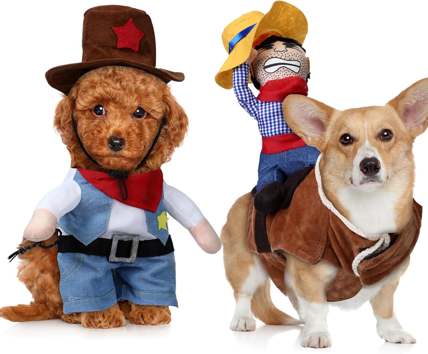 

2Pc Cowboy Rider Dog Costume Knight Style Pet Costume with Doll and Hat Funny Halloween Costumes for Pet Clothes Cosplay Apparel S