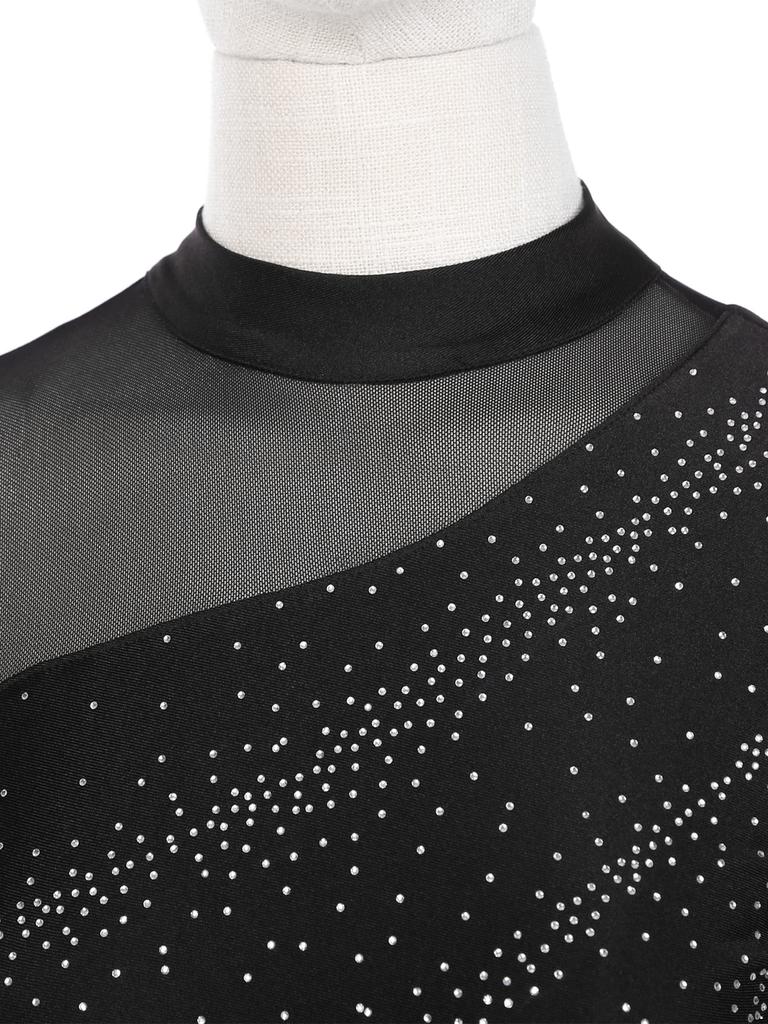 Damen Glitzer Strass Transparentes Mesh Patchwork Langarm Eiskunstlauf Tanz Trikot Kleid