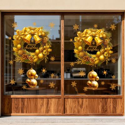 Electrostatic Gold Christmas Wreath & Snowflake Wall Stickers for Living Room, Bedroom, Glass, or Cabinet Decor