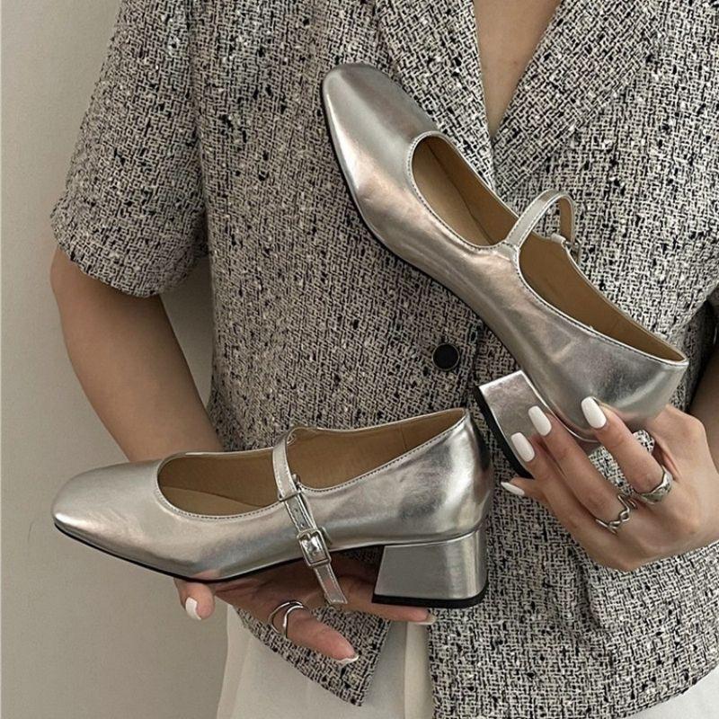 French Silver Mary Jane Shoes Women's Shoes 2025 New Spring and Summer Temperament Thick Heel Square Head Light Mouth One Word with Single