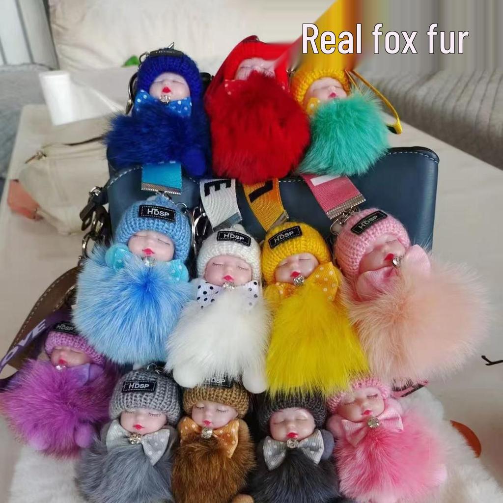 Genuine Fox Fur Sleep Doll Keychain Plush Pom-Pom Accessory