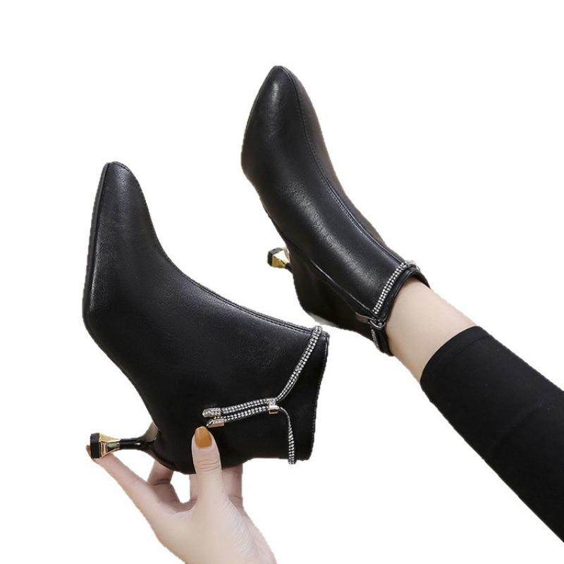 Versatile rhinestone thin heel short boots women's autumn and winter leather bare boots new fashion pointed women's velvet Martin boots
