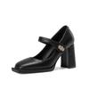 Silný podpatek Single Dámské Boty Jarní Square Head Plochý knoflík Měkká podrážka Mary Jane Dámské Boty Zapatos Para Mujeres