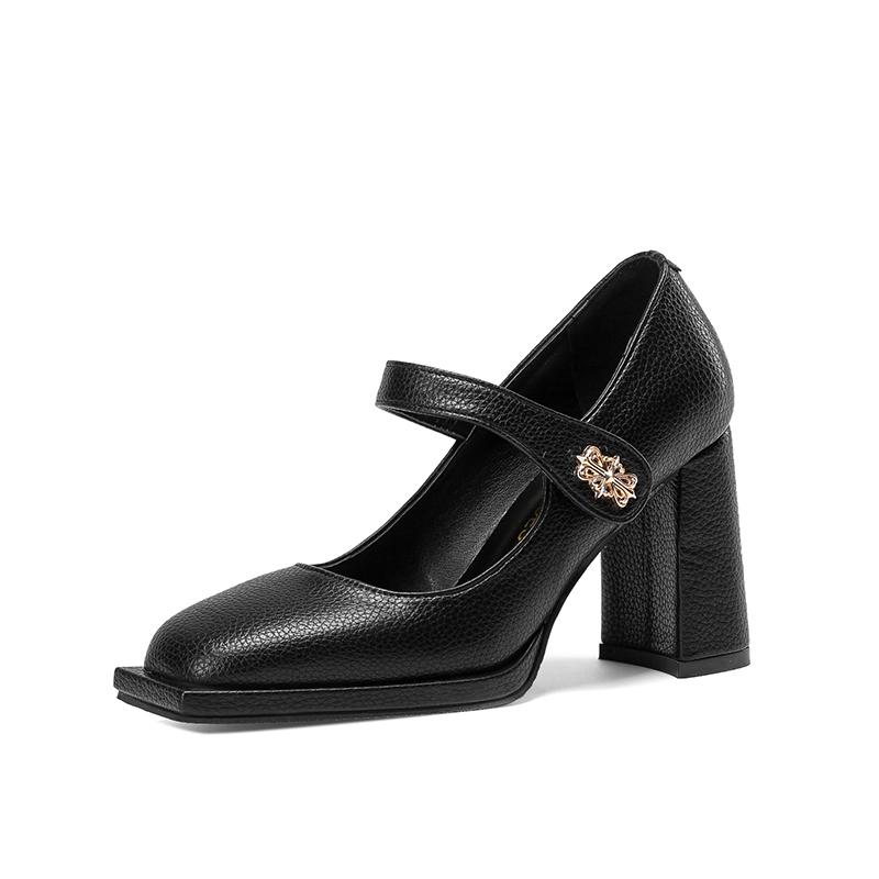 Silný podpatek Single Dámské Boty Jarní Square Head Plochý knoflík Měkká podrážka Mary Jane Dámské Boty Zapatos Para Mujeres