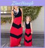 Stunning Color-blocking Blue And Red Striped Maxi Dress For Women And Kids