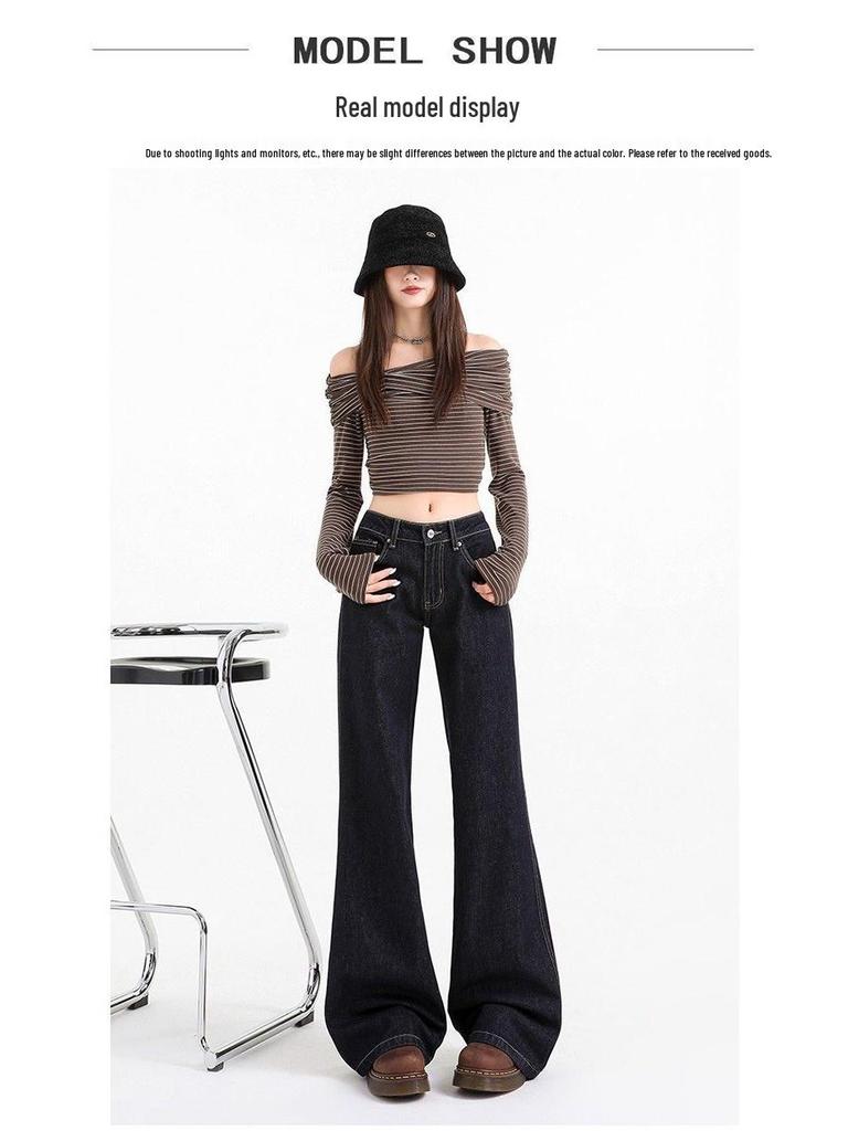 Women's Retro Low-Waist Deep Gray Blue Bell Bottom Jeans - Autumn/Winter Casual Slimming Narrow Leg Design