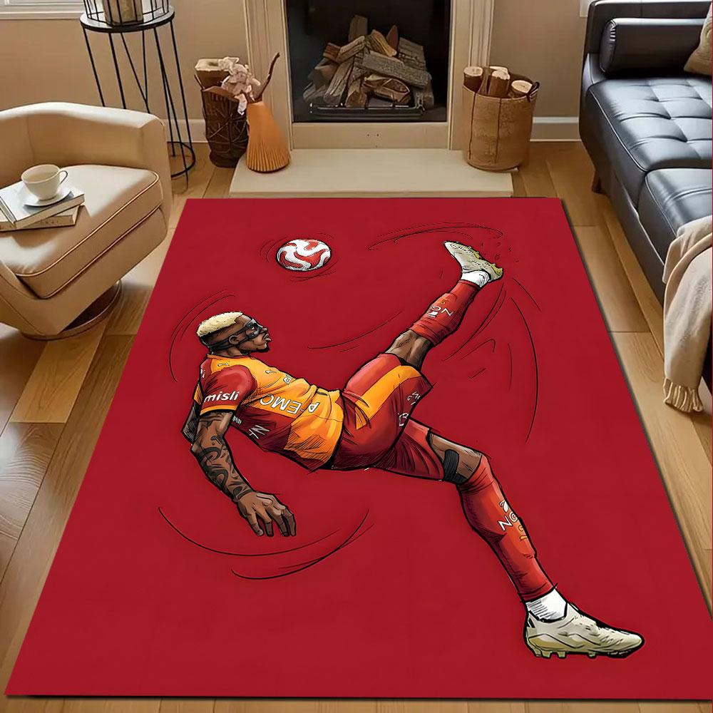 "Soccer Player In Action On Red" Patterned Carpet, Non Slip Mat Suitable for Living Room and Bedroom Sofas