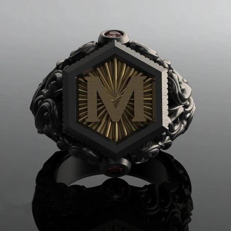 Classic Retro Black Men Rings Gold Color Carving M Letter Signet Steampunk Rings for Men Birhday Gift Party Gothic Jewelry