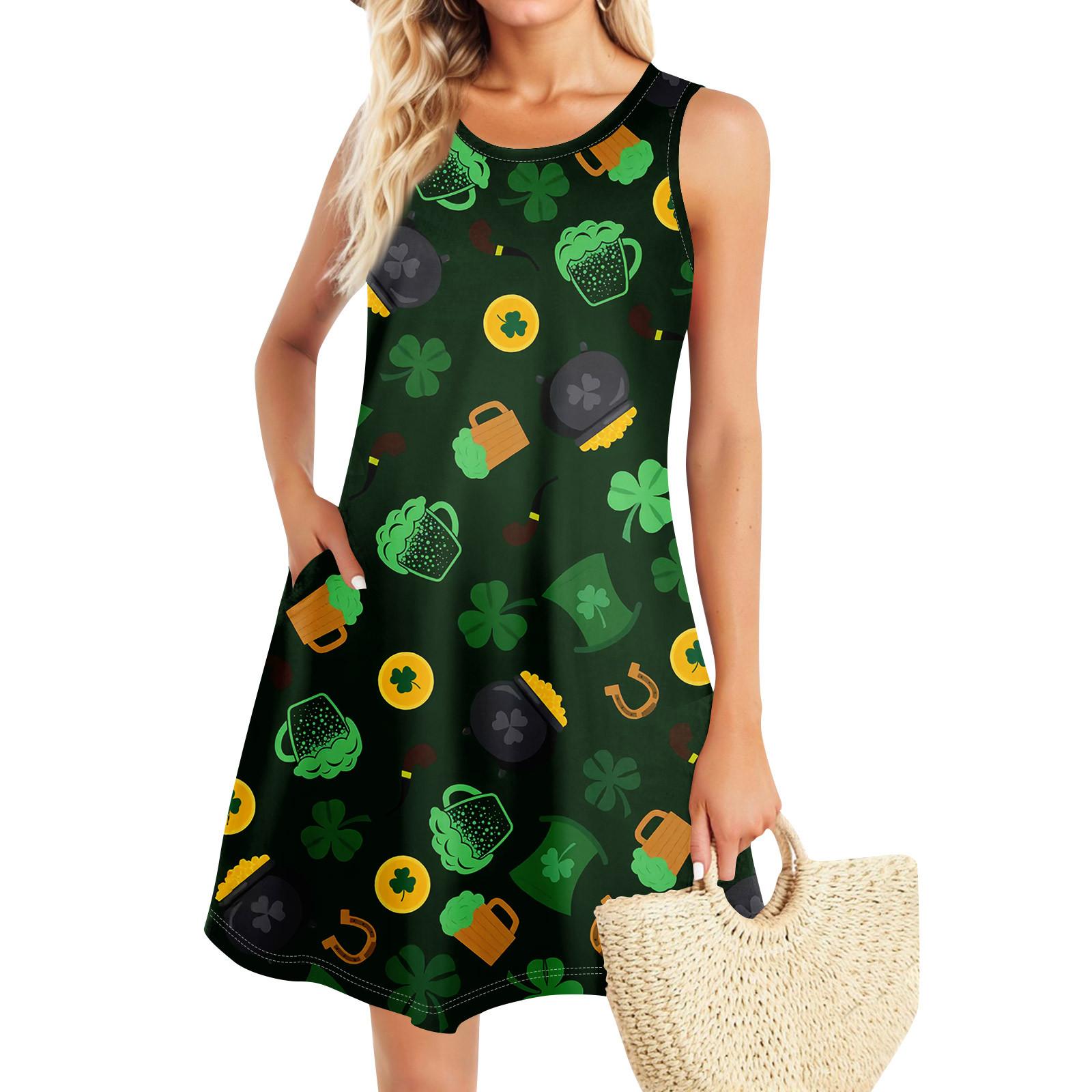 

Летние платья для женщин Beach Boho без рукавов St. День Святого Патрика Печать Flowy Карман Футболка Майка Сарафаны L армия зеленый