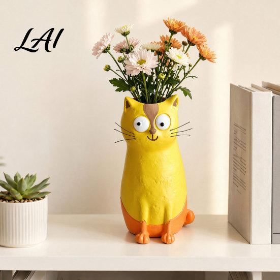 Vase Chat en Résine pour Fleurs Décoration de Bureau Originale pour Fleurs et Présentation sur Étagère