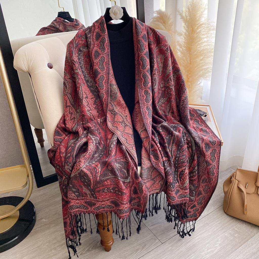 Damski Modny Zimowy Szalik z Sztucznego Kaszmiru Winylowy Wzór Z Frędzlami Gruby Ciepły Szal Pashmina Dwustronny Okrycie Zewnętrzne
