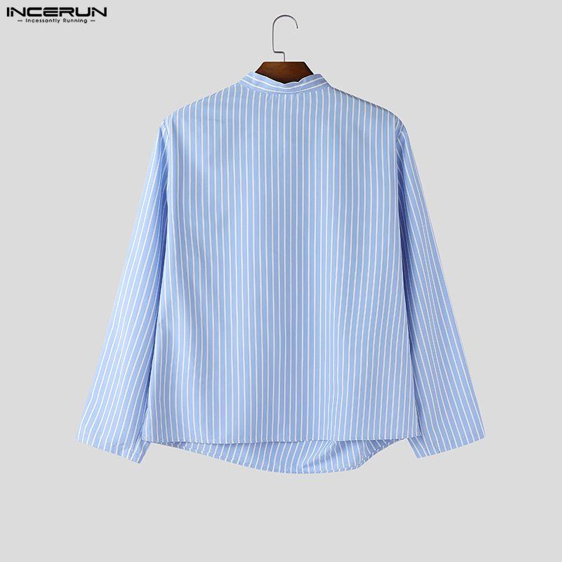 INCERUN Men Wrap Neck Long Sleeve Button Up Striped Print Casual Shirts