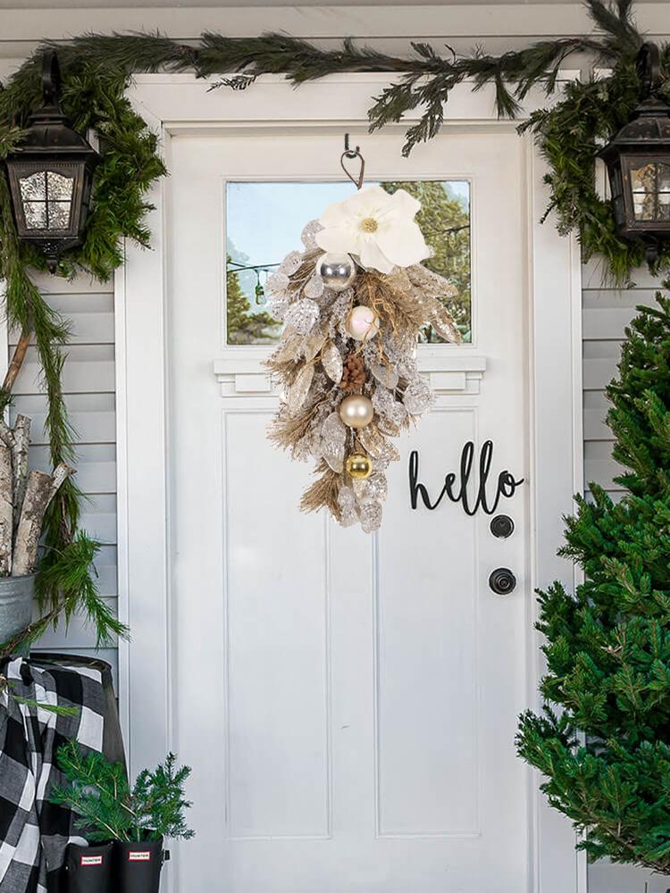 Hanging Farmhouse Glitter Artificial Flower Door Swag Xmas Teardrop Swag with Balls Pine Cone for Wall Front Door Party