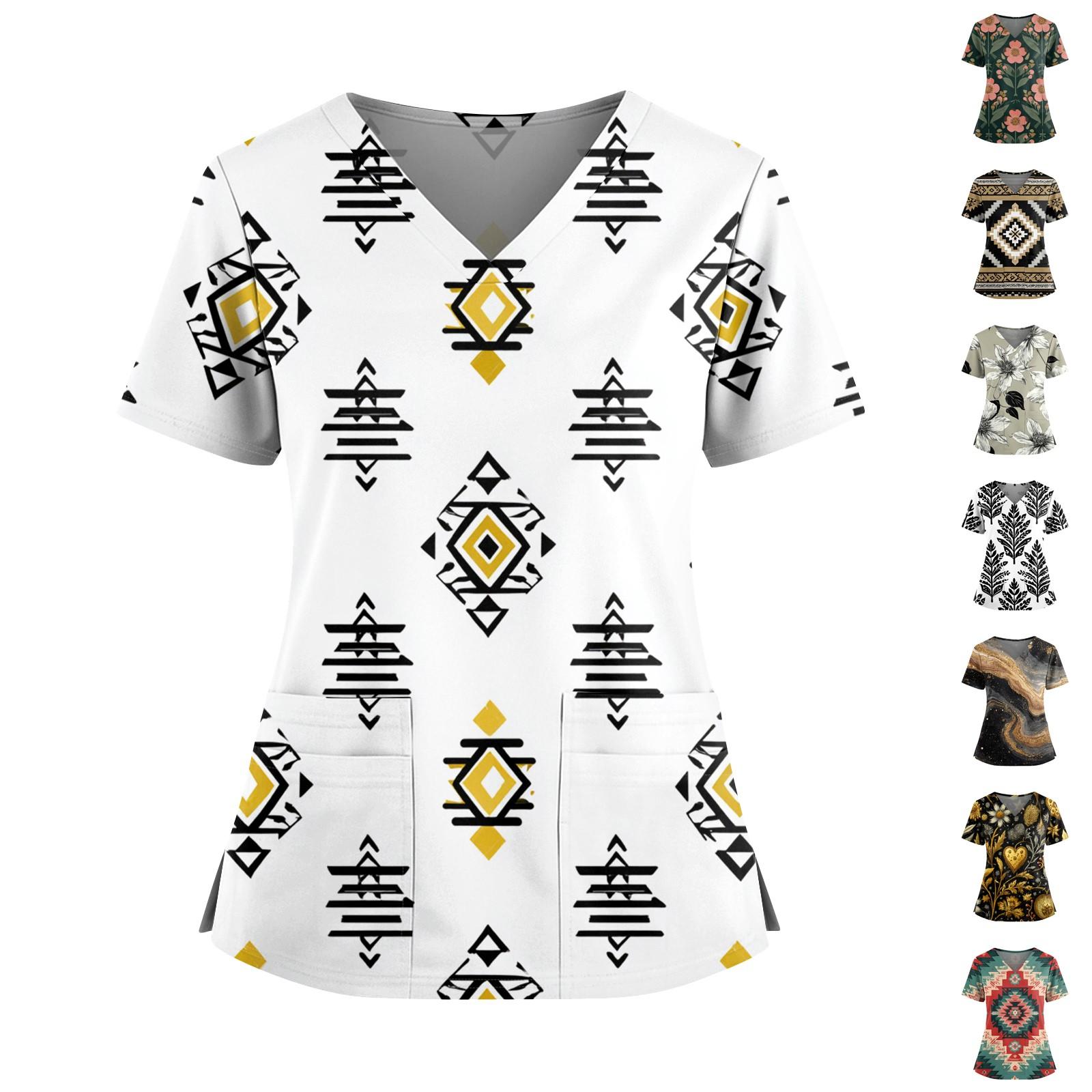 

Ladies Fashionable Floral Print V-neck Double Pocket Short Sleeved Shirt With Slit Hem And Protective Worker s Top XXL