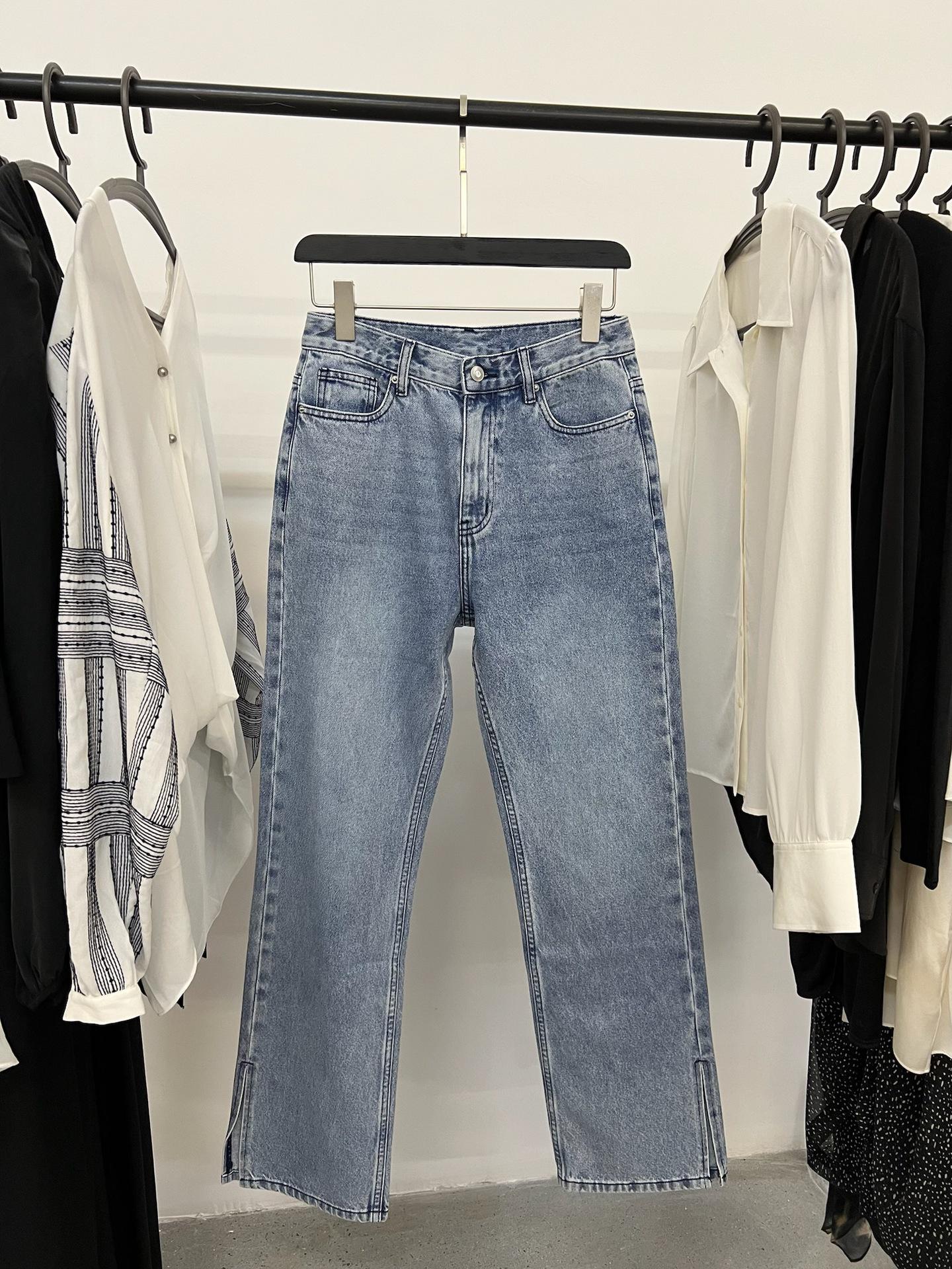 High-Waisted Light Blue Straight Leg Slit Denim Jeans 30