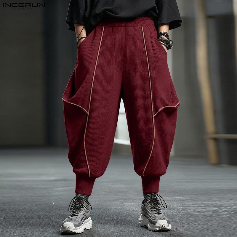 INCERUN Men Elastic Waist  Stitching Casual Long Texture Drop-crotch Pants Trousers