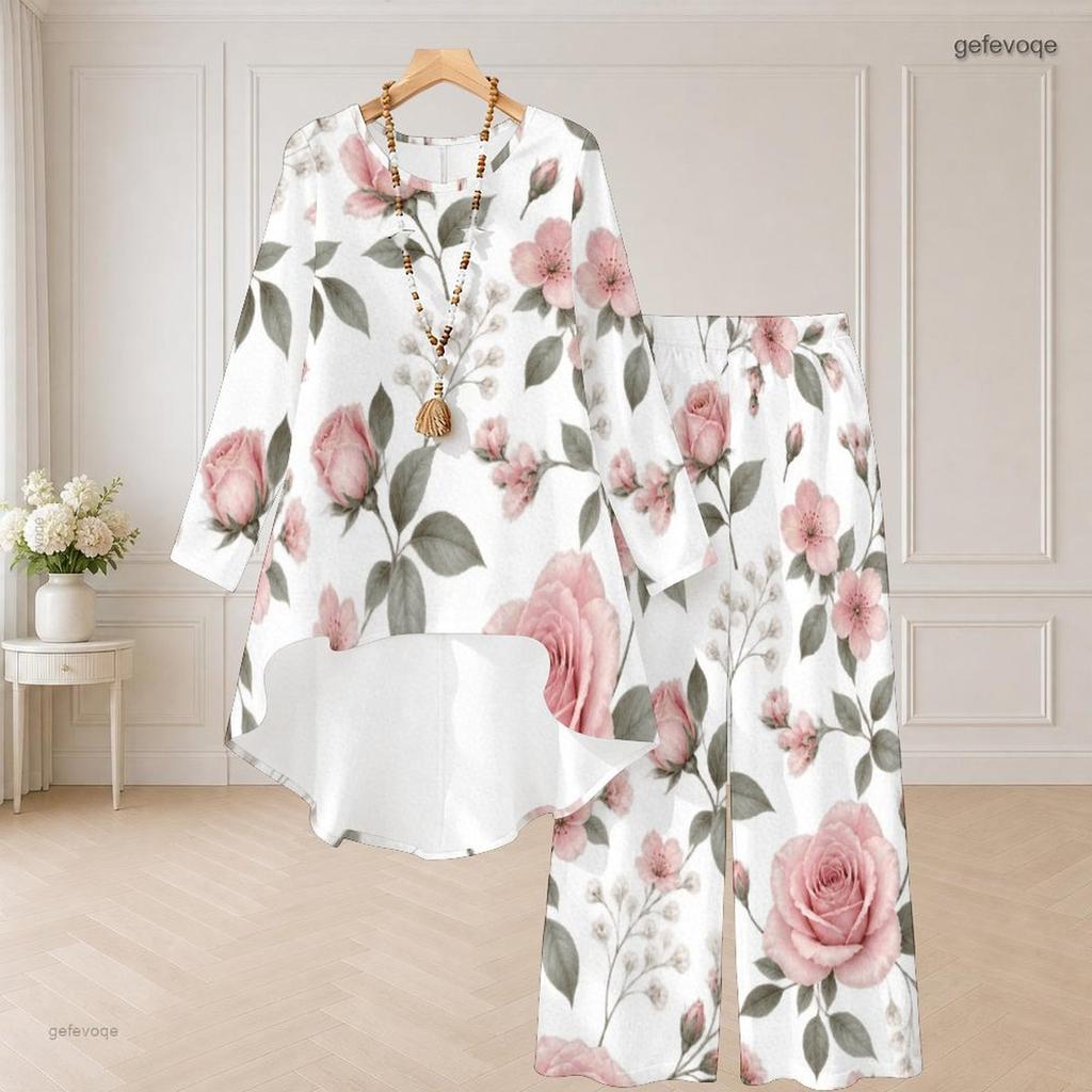 Damen Übergröße Rundhals Langarm Blumenmuster High-Low-Top Weitbeinige Hose Zweiteiliges Set