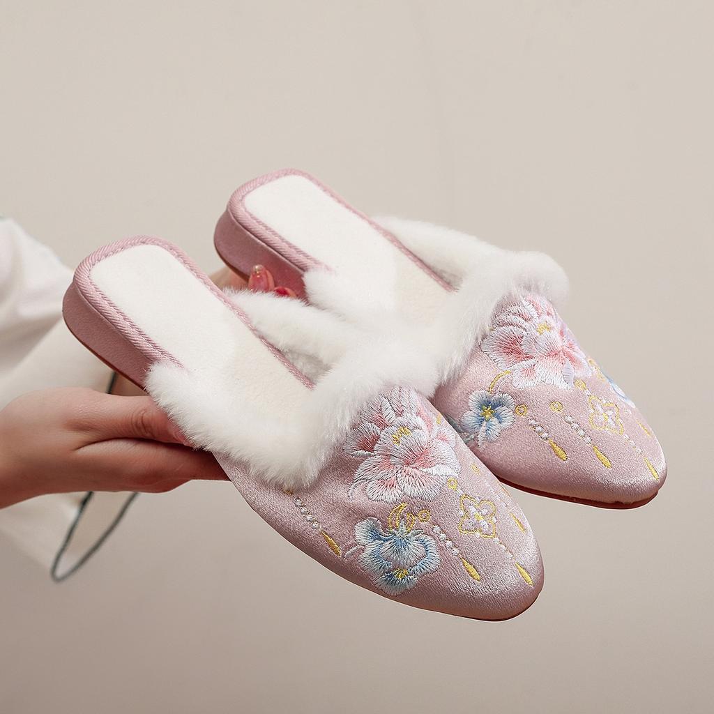 [Flower Dynasty] 2025 winter new product embroidery women's indoor antique Han element embroidery shoes Hanfu women's velvet slippers