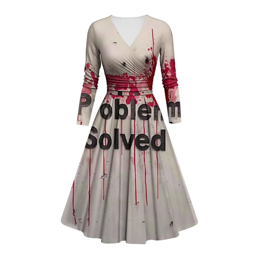 Kvinners mote V-hals Ruffle Langermet Halloween Print Slim Fit Gown Casual Dress