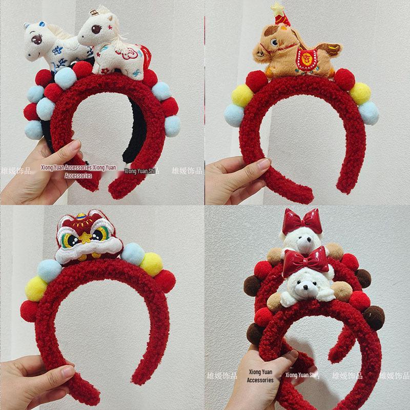 Red Zodiac Horse Headband - Cute Cartoon Accessory for Women and Children (Autumn/Winter Collection)