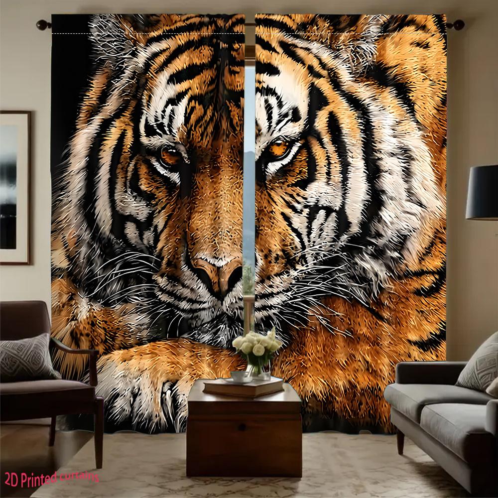 2Pcs Polyester Tiger Themed Patterned Printing Window Curtains Birthday Party Decoration Backdrop Drapes for Living Room