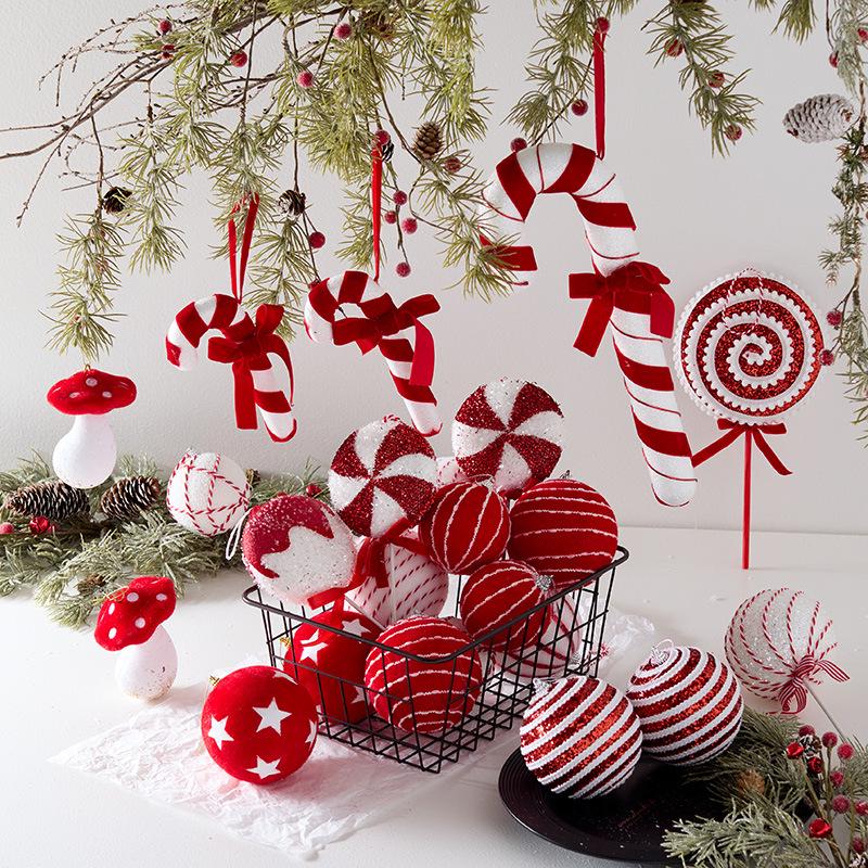 Christmas Red & White Irregular Shaped Ornaments: Balls, Candy Canes, Lollipops for Tree Decoration
