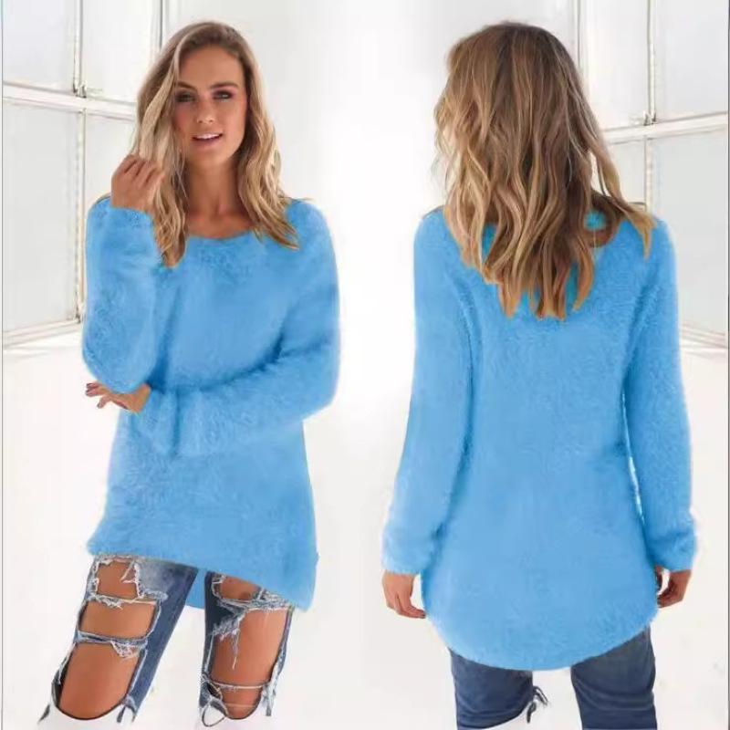 Женский однотонный свитер с длинными рукавами и круглым вырезом большого размера 4XL синий