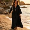 Party Dress Casual Women's Deep V Neck Maxi Dress, Puff 3/4 Sleeve Soft Fabric A-Line Flowy Loose Boho Beach Sundress Mid-length