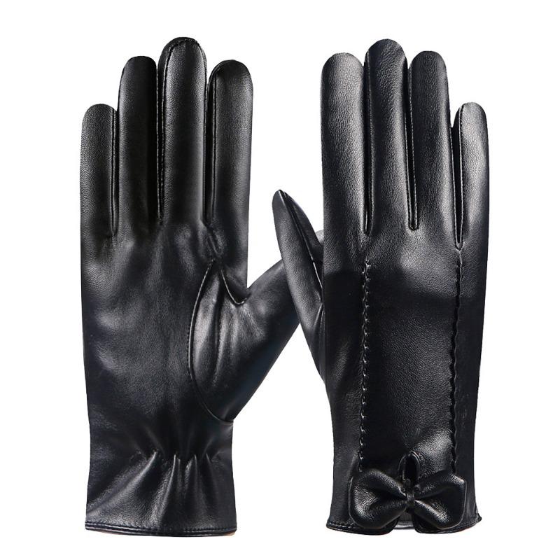 Warm Gloves Women's Leather Gloves New Bow Outdoor Riding Fleece Cold-proof Touch Screen Autumn and Winter Gloves