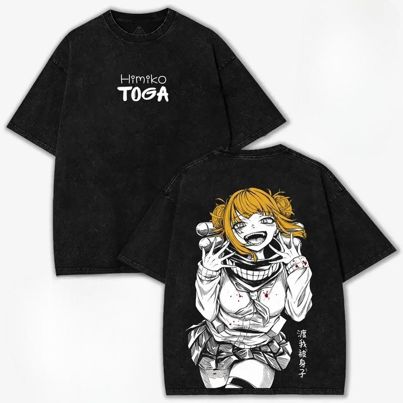 My Hero Academia Himiko Toga Printed Streetwear Men Women Short Sleeve Cotton Tshirts Vintage Washed T-shirt Oversized T Shirt