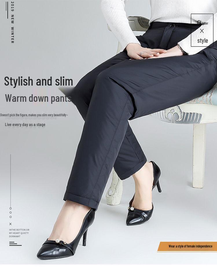 High-Waisted Plus Size Women's Winter Down Pants - Loose, Thick, Warm White Duck Down, Straight Leg for Middle-Aged and Elderly.