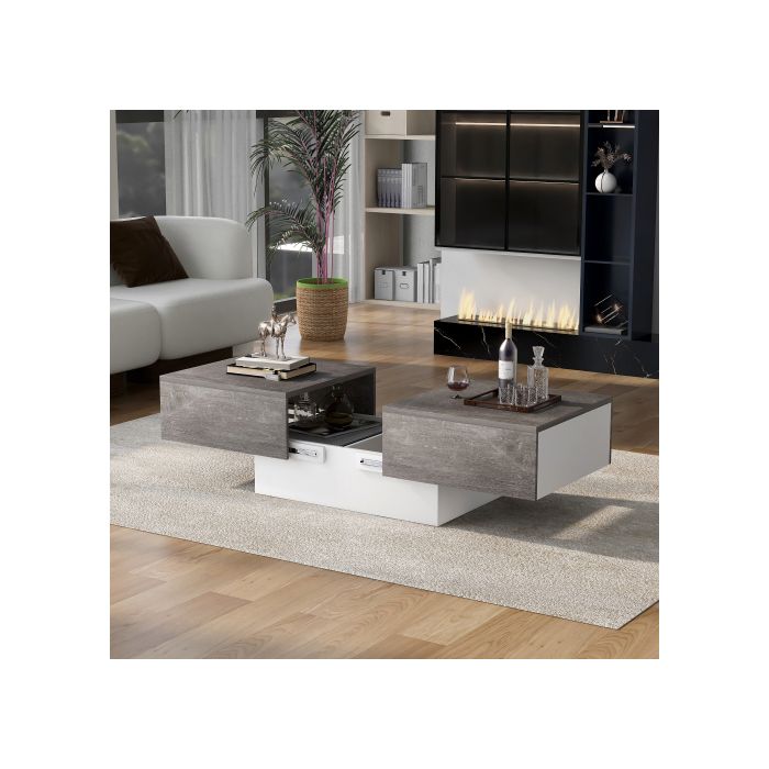 Table basse - MUVOE - Universelle - Extensible - Espace de rangement - Gris brillant
