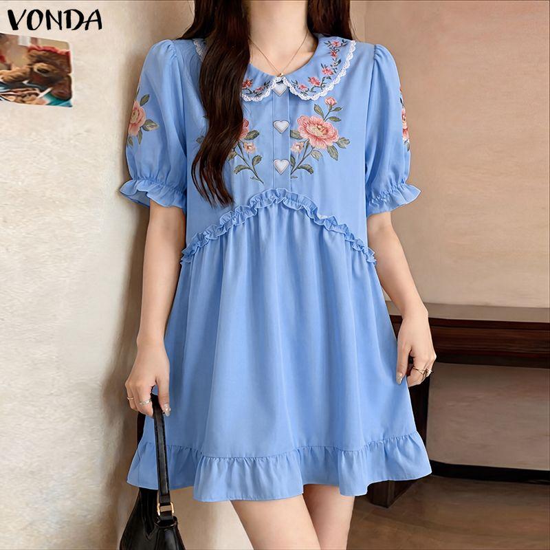 VONDA Women Short Sleeve Ruffle Floral Print Casual A-Line Mini Dress