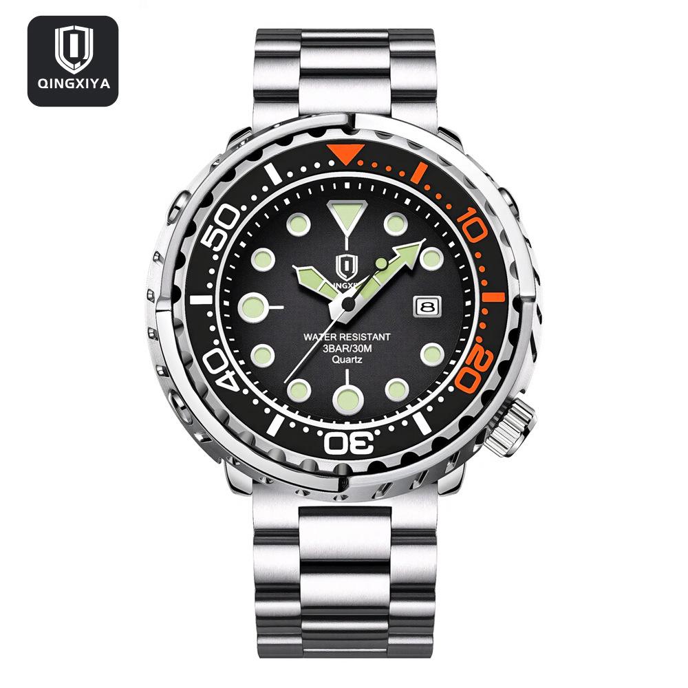 

QINGXIYA Мужские водонепроницаемые кварцевые спортивные часы с трехстрелочным календарем и люминесцентной индикацией. серебряный/чёрный