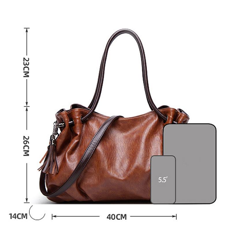 2021 Vintage Fashion High Capacity Tote Handbag Soft Leather Female Bag Casual Pleated Shoulder Bag Tassel Design Bag for Women