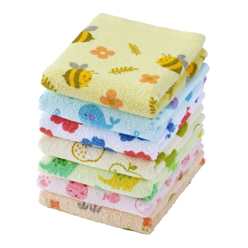 Kosugizen Weekly Face Towels, Happy, 7 Colors (7 Designs), 1 of Each, 34 x 80 cm, Thin, Quick-Drying, Set of 7 (ZG-0202-7)