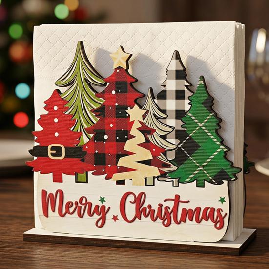 Holiday Napkin Dispenser Christmas Holder, Wooden Tissue Dispenser, Cute Santa Claus Xmas Vertical Paper Towel Storage Tree Freestanding Cocktail